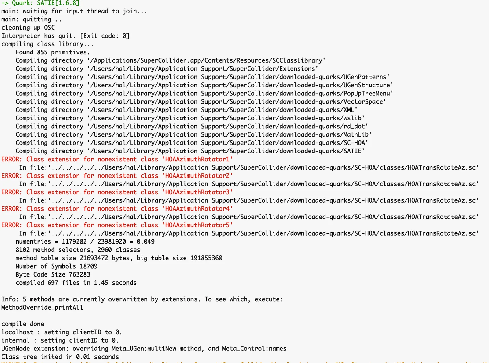 Fenêtre de sortie de SuperCollider : cinq erreurs en rouge « Class extension for nonexistent class 'HOAAzimuthRotator1' » jusqu’à 5, toutes provenant du quark SC-HOA pendant la compilation de la bibliothèque de classes