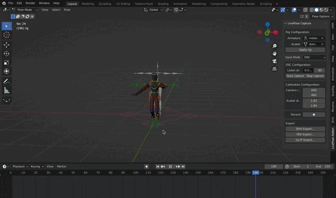 Démonstration vidéo d'une capture de mouvement en temps réel avec LivePose Capture. Dans l'interface de Blender, une figurine humaine en trois dimensions apparaît et se déplace selon les mouvements capturés par le greffon.