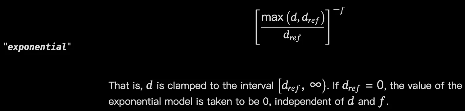 Le modèle de distance « exponential » : max(d, d_ref) sur d_ref, élevé à la puissance moins f, avec d borné à d_ref ou plus