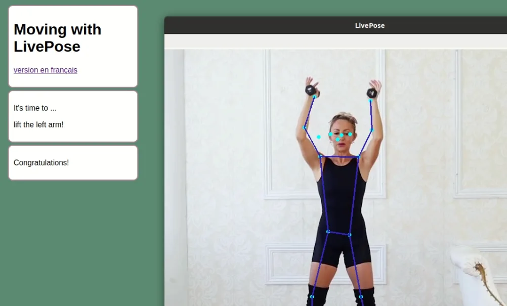 A screenshot of the Ballant webpage. On it we can see instructions about raising your left arm, and a LivePose window featuring a person with the left arm raised. The Ballant webpage displays the "Congratulations !" success message.