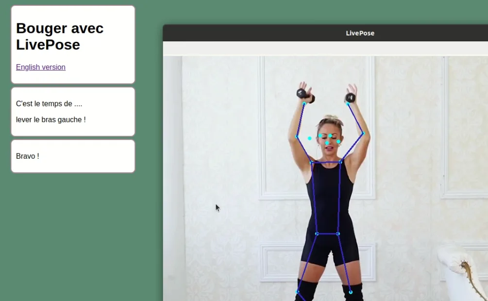 A screenshot of the Ballant webpage. On it we can see instructions about raising your left arm, and a LivePose window featuring a person with the left arm raised. The Ballant webpage displays the "Congratulations !" success message.